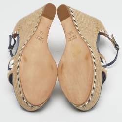 Pre Owned Gucci Beige/Blue Jute and Leather Espadrille Wedge Sandals Size 39.5