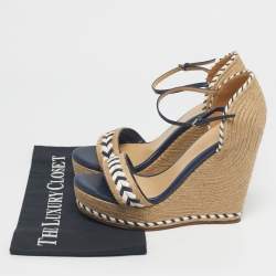 Pre Owned Gucci Beige/Blue Jute and Leather Espadrille Wedge Sandals Size 39.5