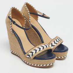 Pre Owned Gucci Beige/Blue Jute and Leather Espadrille Wedge Sandals Size 39.5