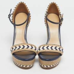 Pre Owned Gucci Beige/Blue Jute and Leather Espadrille Wedge Sandals Size 39.5