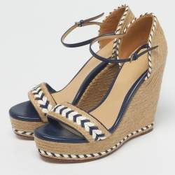 Pre Owned Gucci Beige/Blue Jute and Leather Espadrille Wedge Sandals Size 39.5