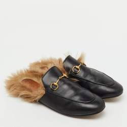 Pre Owned Gucci Black Leather Fur Lined Princetown Horsebit Flat Mules Size 39