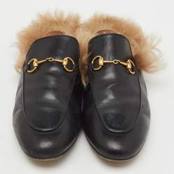 Pre Owned Gucci Black Leather Fur Lined Princetown Horsebit Flat Mules Size 39