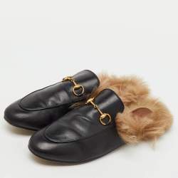 Pre Owned Gucci Black Leather Fur Lined Princetown Horsebit Flat Mules Size 39
