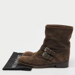 Pre Owned Gucci Dark Brown Suede Buckle Detail Ankle Length Boots Size 38.5