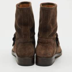 Pre Owned Gucci Dark Brown Suede Buckle Detail Ankle Length Boots Size 38.5