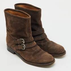 Pre Owned Gucci Dark Brown Suede Buckle Detail Ankle Length Boots Size 38.5