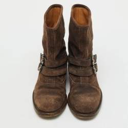 Pre Owned Gucci Dark Brown Suede Buckle Detail Ankle Length Boots Size 38.5