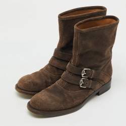 Pre Owned Gucci Dark Brown Suede Buckle Detail Ankle Length Boots Size 38.5
