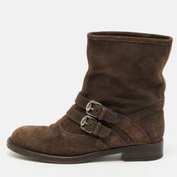 Pre Owned Gucci Dark Brown Suede Buckle Detail Ankle Length Boots Size 38.5