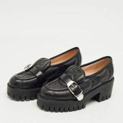 مملوكة مسبقًا Gucci Black Leather GG Matelassé Buckle Strap Loafers Size 36.5