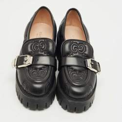 مملوكة مسبقًا Gucci Black Leather GG Matelassé Buckle Strap Loafers Size 36.5