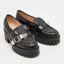 مملوكة مسبقًا Gucci Black Leather GG Matelassé Buckle Strap Loafers Size 36.5