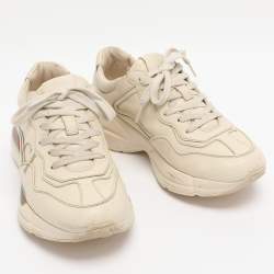 Pre Owned Gucci Cream Leather Rhyton Low Top Sneakers Size 36.5