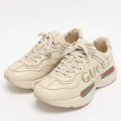 Pre Owned Gucci Cream Leather Rhyton Low Top Sneakers Size 36.5