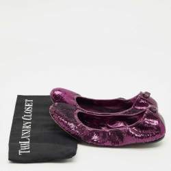 Pre Owned Gucci Purple Leather and Sequins Embellish Scrunch Ballet Flats Size 39