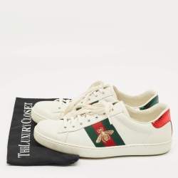 Pre Owned Gucci White Snakeskin Embossed and Leather Ace Web Lace Up Sneakers Size 39.5