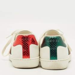 Pre Owned Gucci White Snakeskin Embossed and Leather Ace Web Lace Up Sneakers Size 39.5