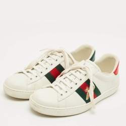 Pre Owned Gucci White Snakeskin Embossed and Leather Ace Web Lace Up Sneakers Size 39.5