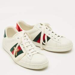 Pre Owned Gucci White Snakeskin Embossed and Leather Ace Web Lace Up Sneakers Size 39.5
