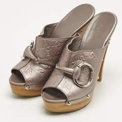 Pre Owned Gucci Metallic Leather Icon Bit Platform Clogs Size 38.5