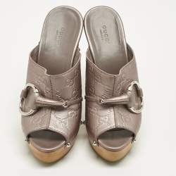 Pre Owned Gucci Metallic Leather Icon Bit Platform Clogs Size 38.5