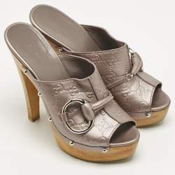 Pre Owned Gucci Metallic Leather Icon Bit Platform Clogs Size 38.5