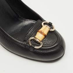 Pre Owned Gucci Black Leather Bamboo Horsebit Loafer Pumps Size 37