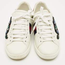 Pre Owned Gucci White Snakeskin Embossed and Leather Ace Low Top Sneakers Size 36