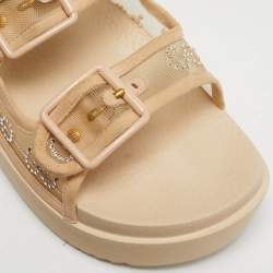 Pre Owned Gucci Beige Mesh and Suede GG Crystal Embellished Platform Sandals Size 39