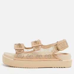 Pre Owned Gucci Beige Mesh and Suede GG Crystal Embellished Platform Sandals Size 39