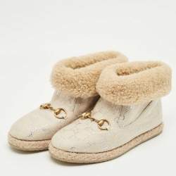 Pre Owned Gucci Cream/Silver Canvas and Shearling Fria Horsebit Ankle Boots Size 38