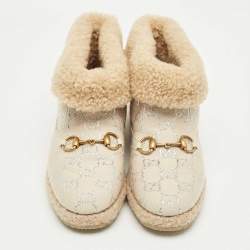 Pre Owned Gucci Cream/Silver Canvas and Shearling Fria Horsebit Ankle Boots Size 38