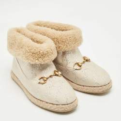 Pre Owned Gucci Cream/Silver Canvas and Shearling Fria Horsebit Ankle Boots Size 38