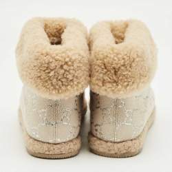 Pre Owned Gucci Cream/Silver Canvas and Shearling Fria Horsebit Ankle Boots Size 38