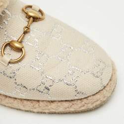 Pre Owned Gucci Cream/Silver Canvas and Shearling Fria Horsebit Ankle Boots Size 38