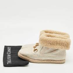 Pre Owned Gucci Cream/Silver Canvas and Shearling Fria Horsebit Ankle Boots Size 38