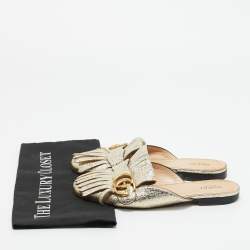 Pre Owned Gucci Gold Foil Leather GG Marmont Fringe Detail Flat Mules Size 36