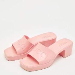 Pre Owned Gucci Pink Rubber Embossed Logo Block Heel Slide Sandals Size 38