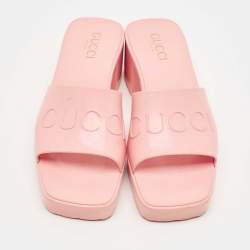 Pre Owned Gucci Pink Rubber Embossed Logo Block Heel Slide Sandals Size 38