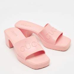 Pre Owned Gucci Pink Rubber Embossed Logo Block Heel Slide Sandals Size 38