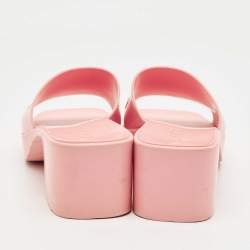 Pre Owned Gucci Pink Rubber Embossed Logo Block Heel Slide Sandals Size 38