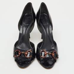 Pre Owned Gucci Black Patent Leather Horsebit Open Toe D'orsay Pumps Size 43
