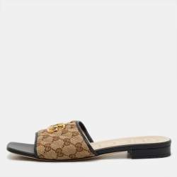 Pre Owned Gucci Beige/Black GG Matelassé Canvas Flat Slide Sandals Size 40.5
