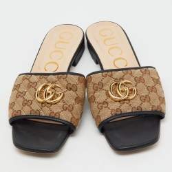 Pre Owned Gucci Beige/Black GG Matelassé Canvas Flat Slide Sandals Size 40.5