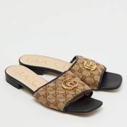 Pre Owned Gucci Beige/Black GG Matelassé Canvas Flat Slide Sandals Size 40.5