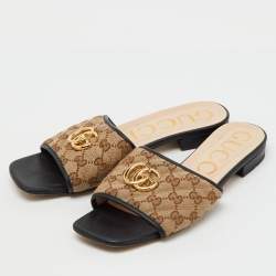 Pre Owned Gucci Beige/Black GG Matelassé Canvas Flat Slide Sandals Size 40.5