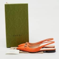 Pre Owned Gucci Orange GG Canvas Horsebit Slingback Flats Size 36.5