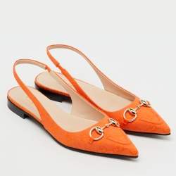 Pre Owned Gucci Orange GG Canvas Horsebit Slingback Flats Size 36.5