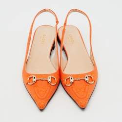 Pre Owned Gucci Orange GG Canvas Horsebit Slingback Flats Size 36.5